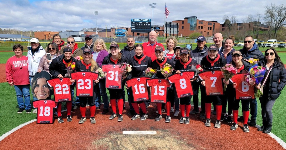 group photos with softball players holding flowers and framed jerseys