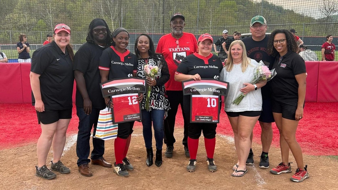 group photos of softball players and parents with the players holding a frame and mothers holding flowers