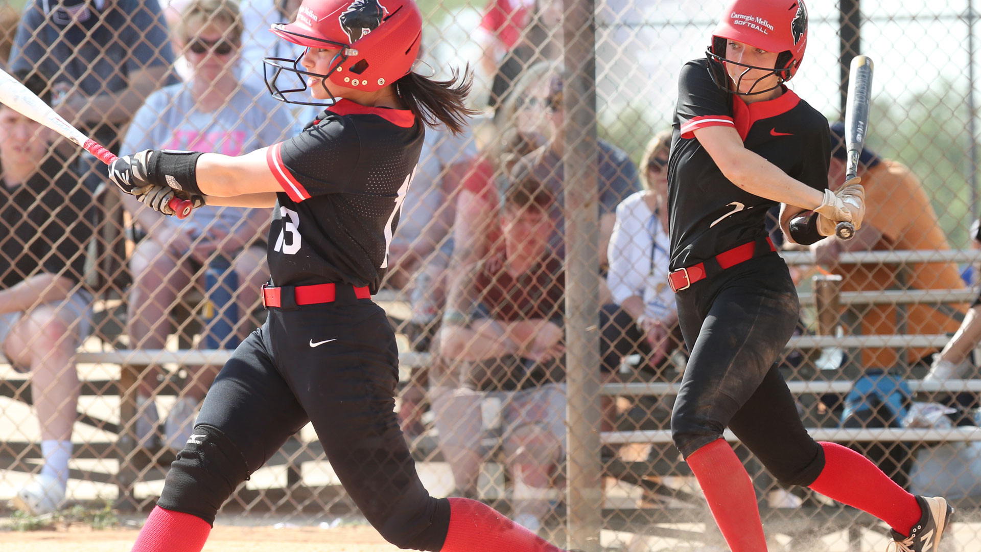 split action image of two different softball players swinging a bat