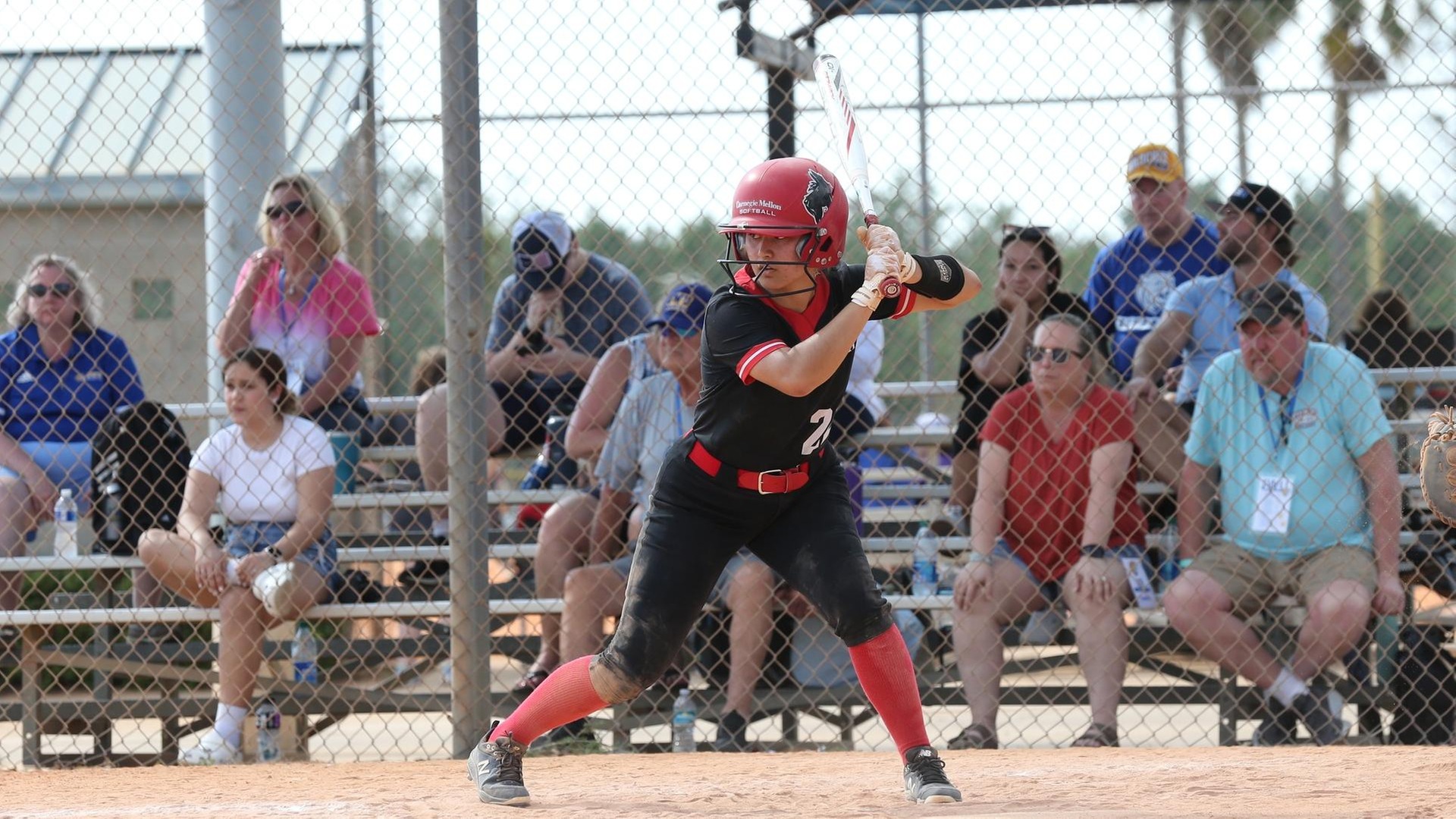 women's softball player wearing an all black uniform stands at the plate waiting for a pitch