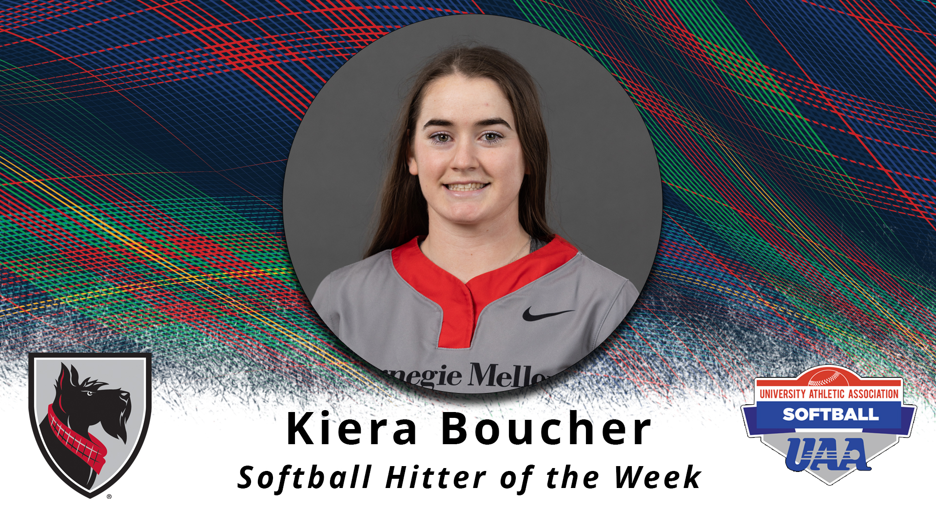 a portrait type photo of a female framed in a circle with text reading Kiera Boucher Softball Pitcher of the Week