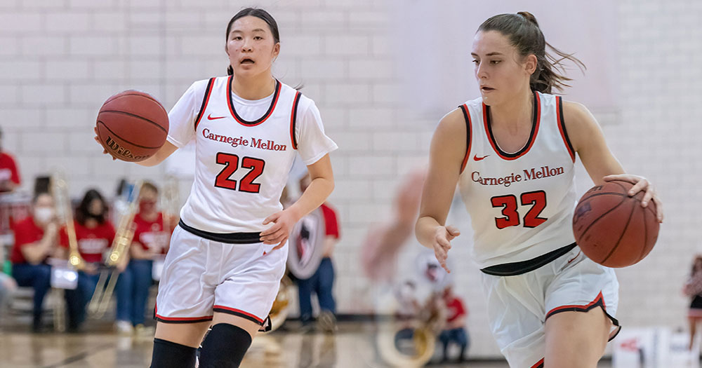 merged photo of two women's basketball players wearing white uniforms dribbling a ball