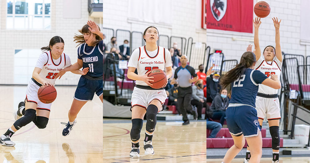 three images side by side of the same women's basketball player dribbling, approaching a layup, and shooting over a defender