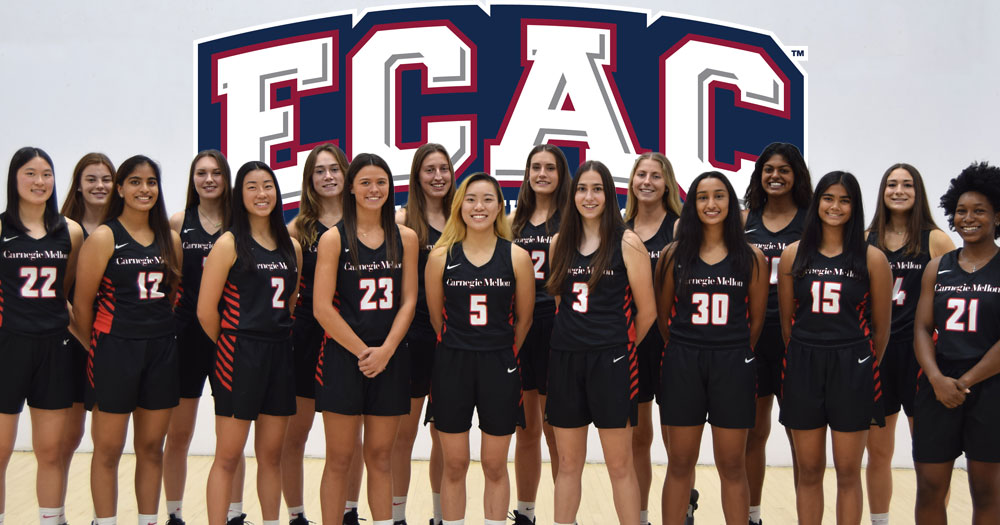 team of women's basketball players standing shoulder to shoulder in two rows with ECAC logo set behind