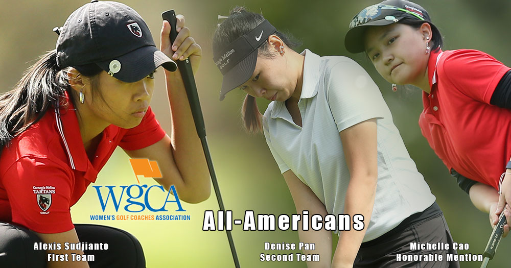three women's golfers staring down a shot with text of WGCA All-Americans