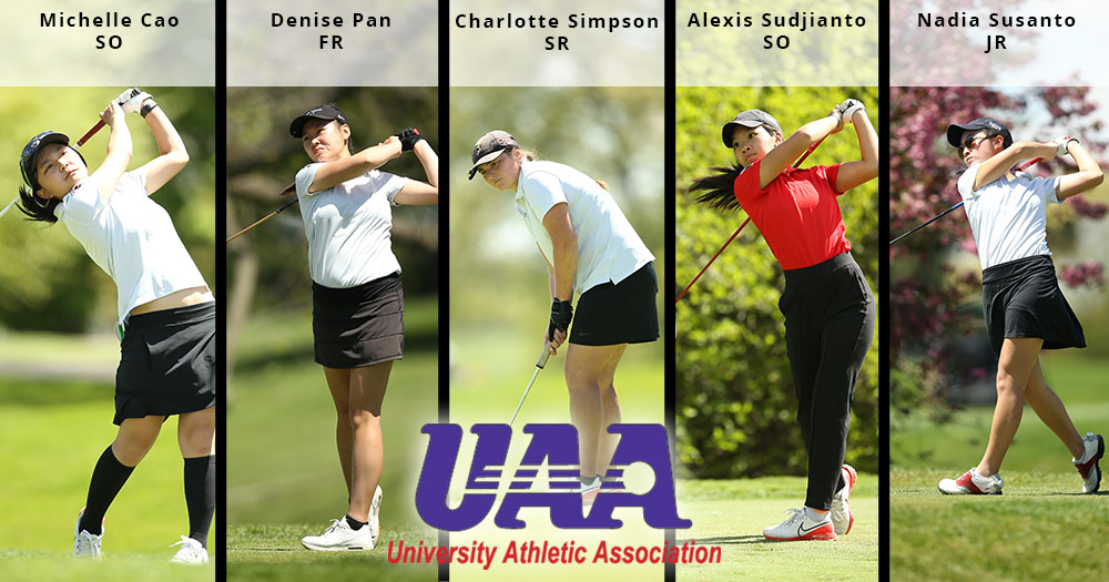 five individual action images of women's golfers with UAA logo