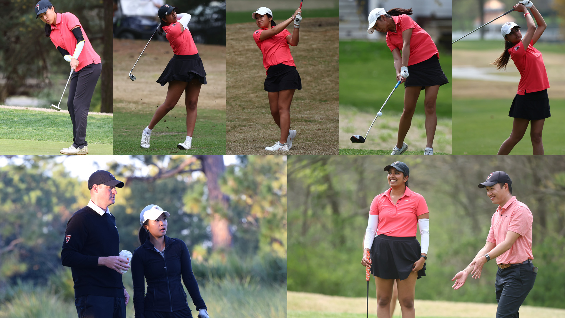five women's golf action photos evenly spaced along the top with two photos of coaches talking to players on bottom half