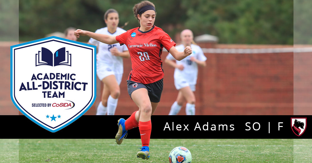 women's soccer player wearing red top and gray shorts with red socks dribbling the ball with the Academic All-District Team logo and text reading Alex Adams So forward
