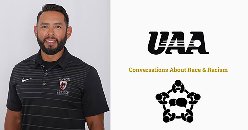 Portrait of a Hispanic male on the left with the UAA logo and text reading Conversations About Race & Racism on the right