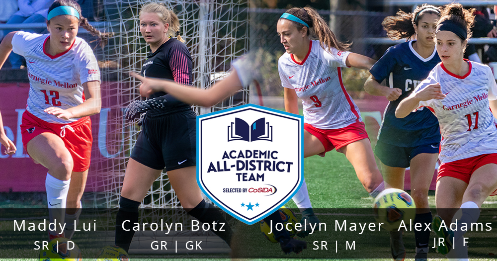 four women's soccer players in action from left to right with CoSIDA Academic All-District Team logo in the center and text reading Maddy Lui Senior Defender, Carolyn Botz Graduate Student Goalkeeper, Jocelyn Mayer Senior Midfielder, Alex Adams Junior Forward