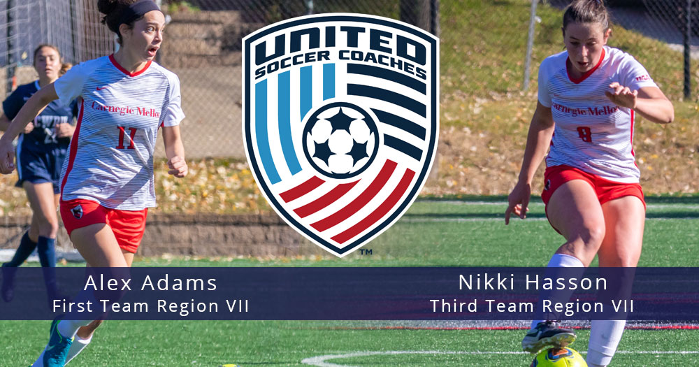 split image with women's soccer player on left and a women's soccer player on the right with United Soccer Coaches Logo in the middle
