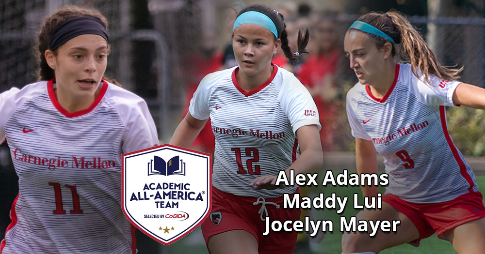 collage of women's soccer players wearing white shirts and red shorts with CoSIDA Academic All-America Team logo