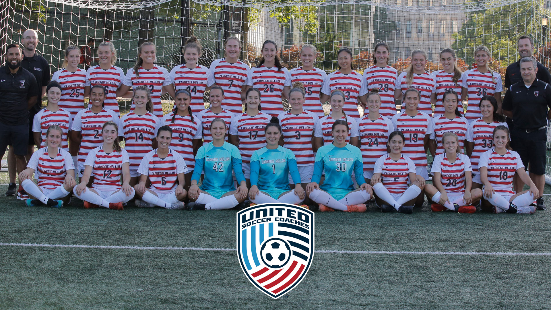 team photo of women's soccer team in three rows with United Soccer Coaches Logo