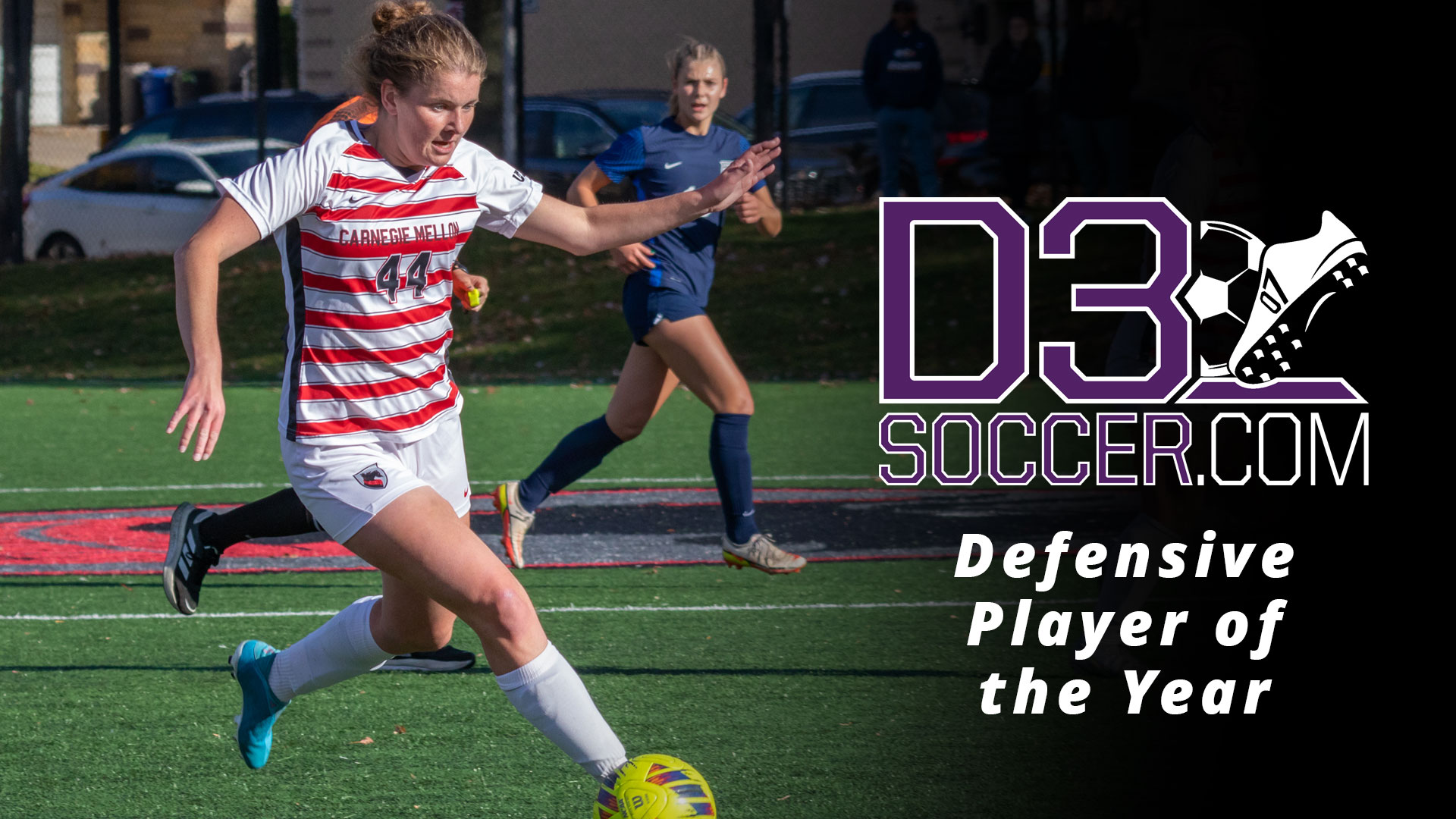 women's soccer player wearing a red and white striped jersey dribbling the ball with the D3soccer.com logo and words reading Defensive Player of the Year
