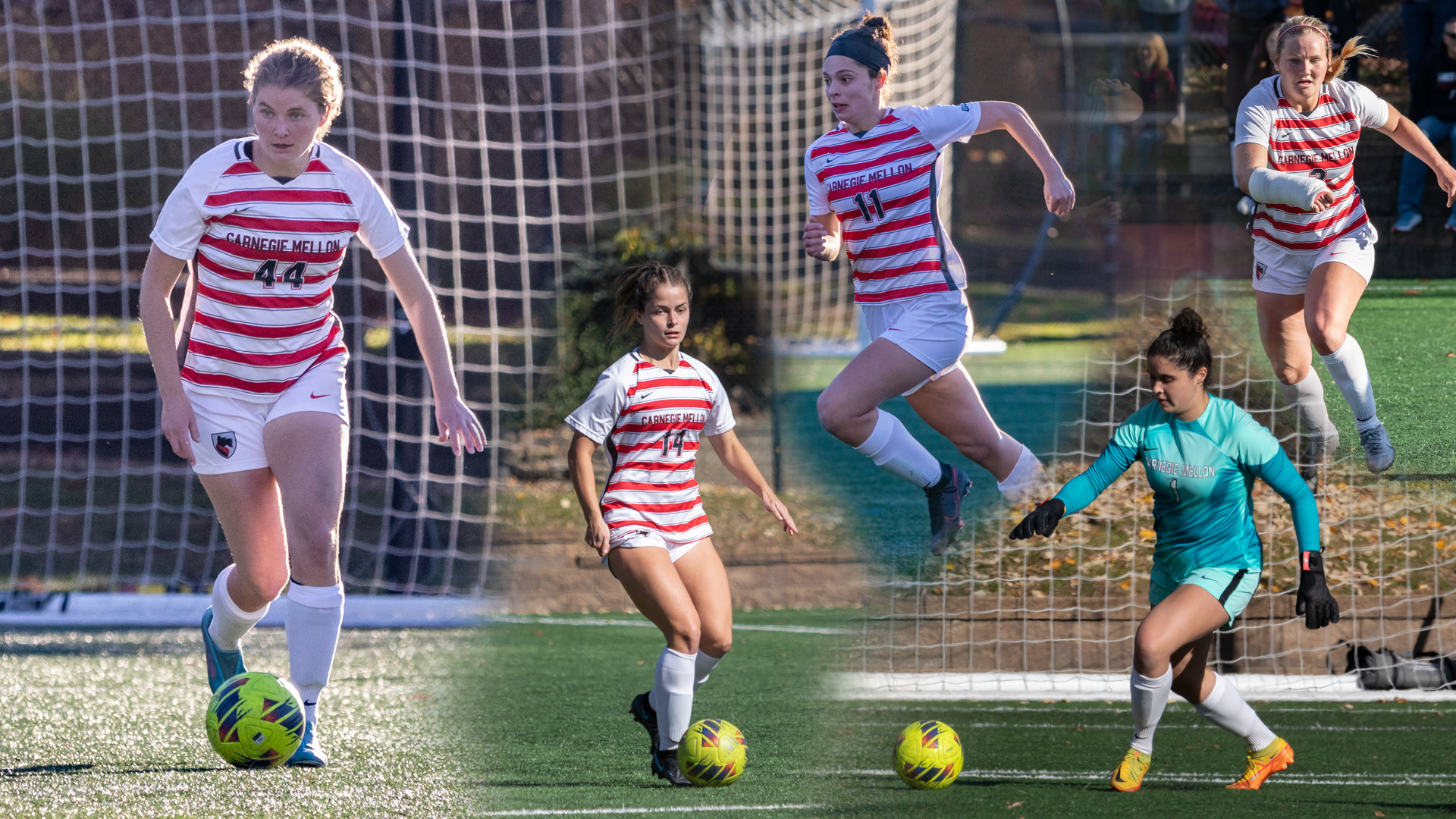 collage of five women's soccer players in action during a game
