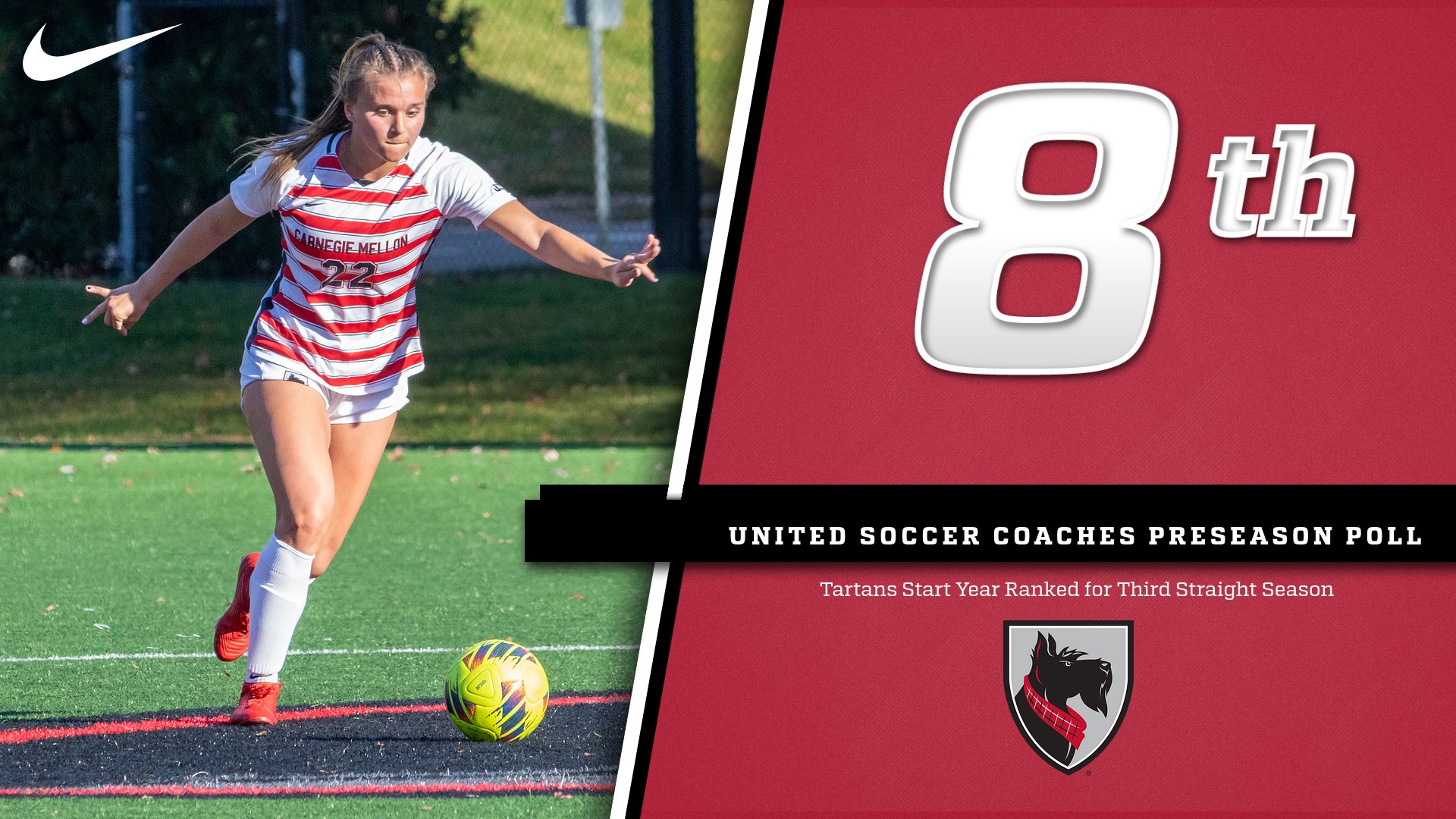 women's soccer player ready to kick a ball with text reading 8th United Soccer Coaches Preseason Poll