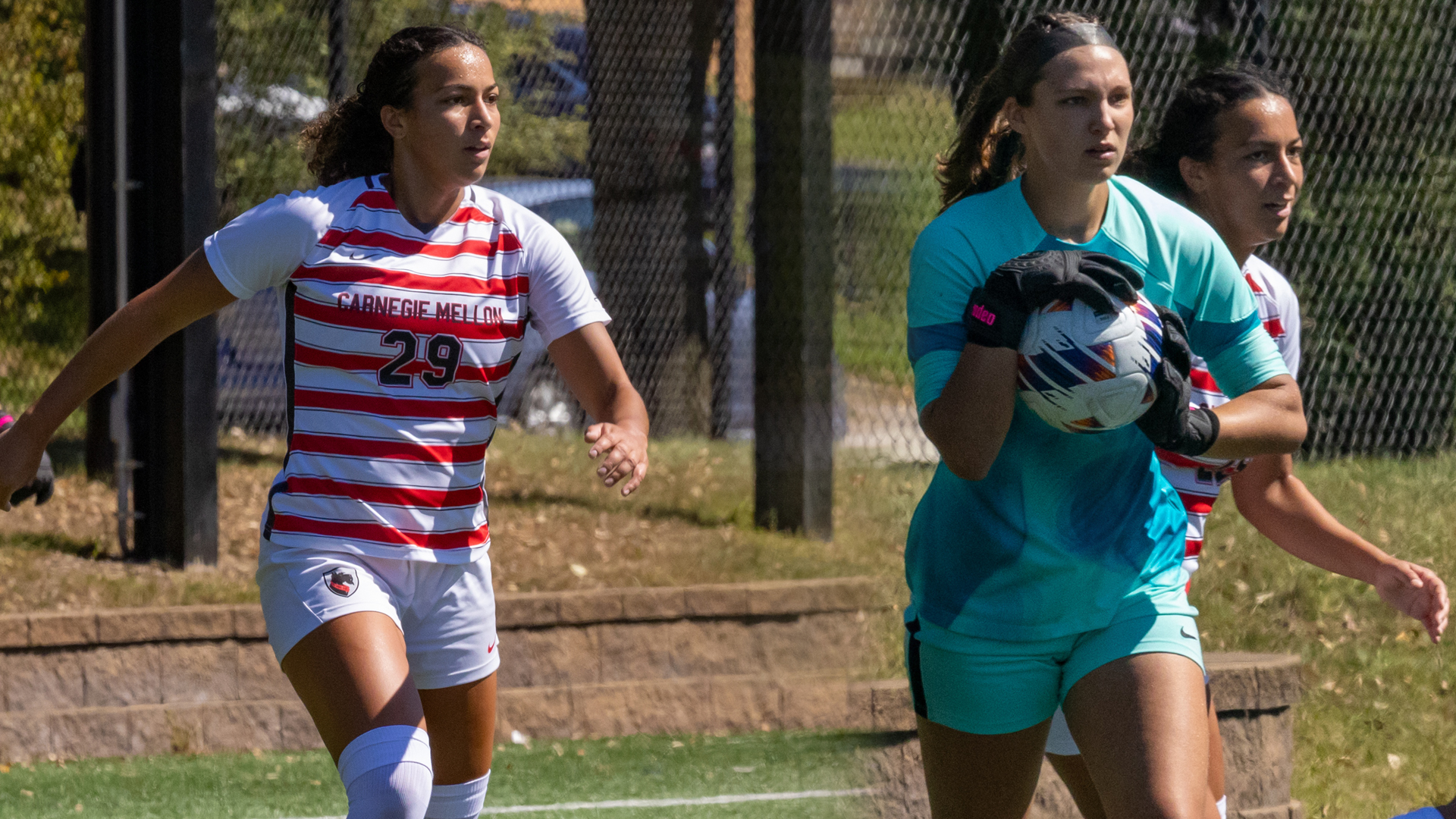 split image of women's soccer players in action during a game