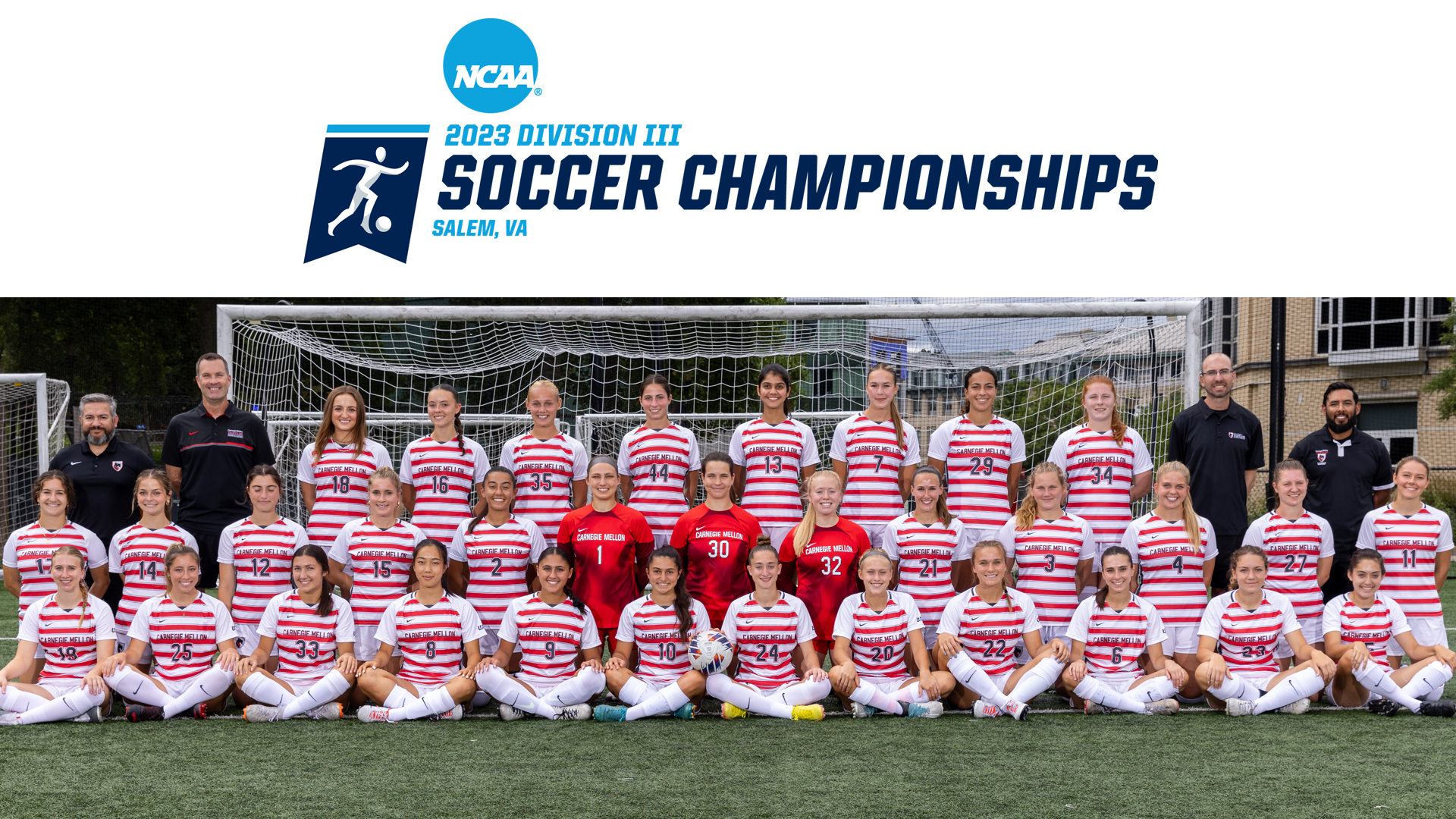 NCAA logo with text reading 2023 Division III Soccer Championships Salem, VA above photo of women's soccer team photo with members in three rows