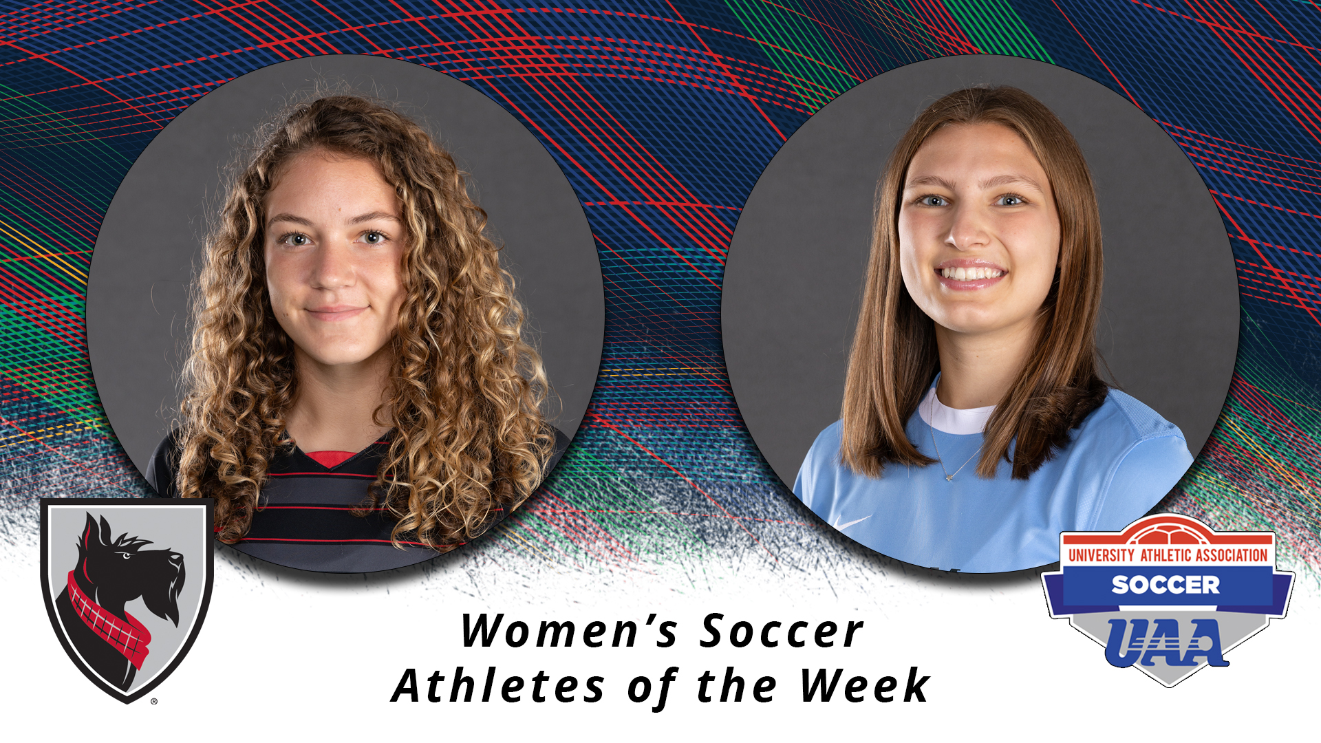 two portrait images of women framed in individual circles with a color plaid background and text reading Women's Soccer Athletes of the Week