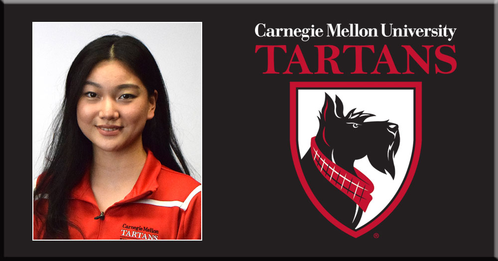 portrait of a women with the Carnegie Mellon University Tartans mascot logo to the right