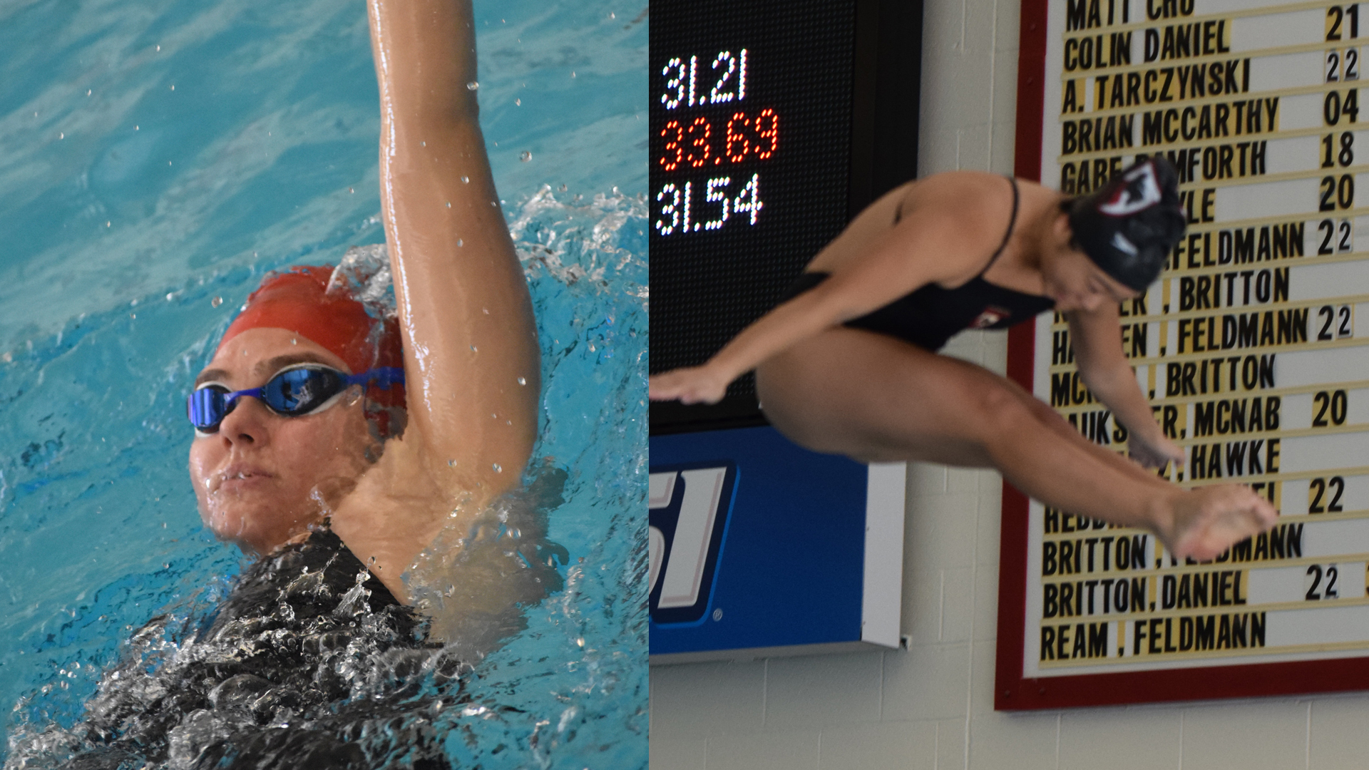 split image of a women's swimmer doing backstroke and a women's diver in the air