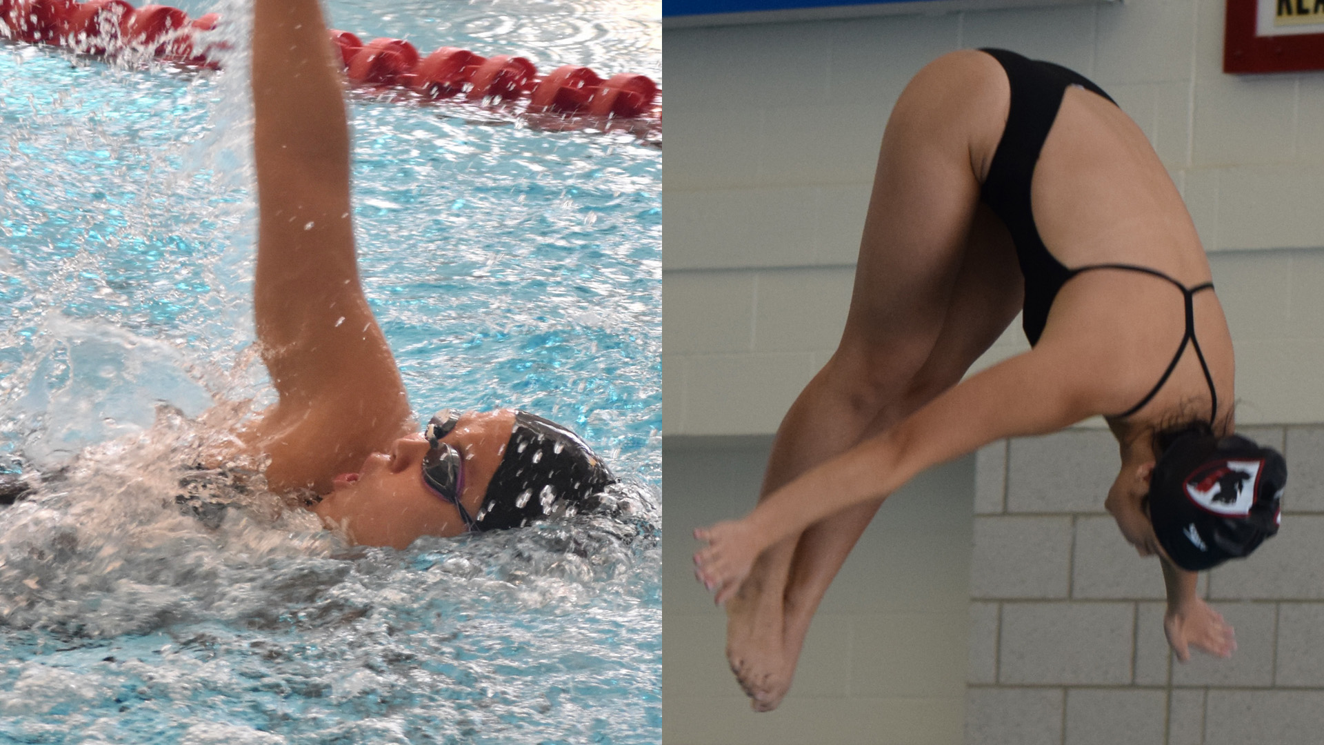 split image of a women's swimming doing backstroke and women's diver with head toward feet