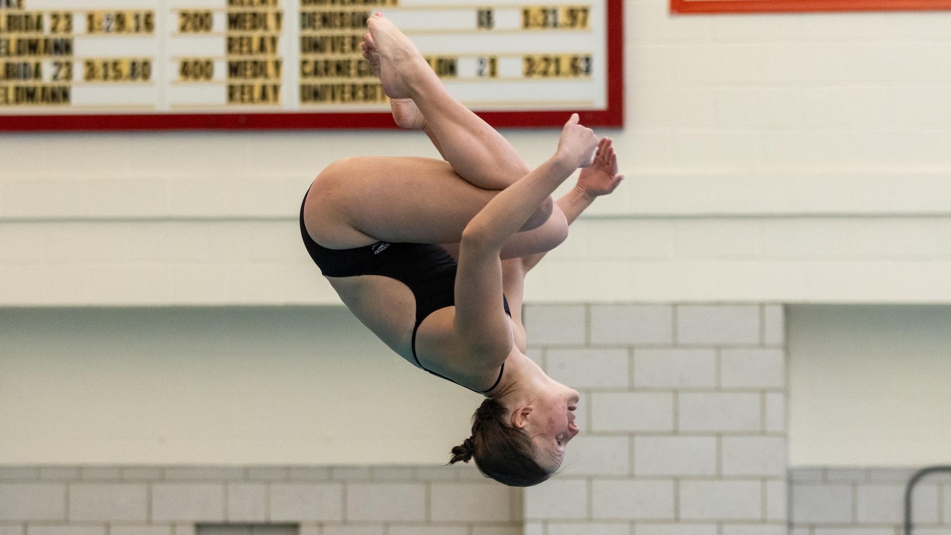 women's diver in a tuck position with head toward water