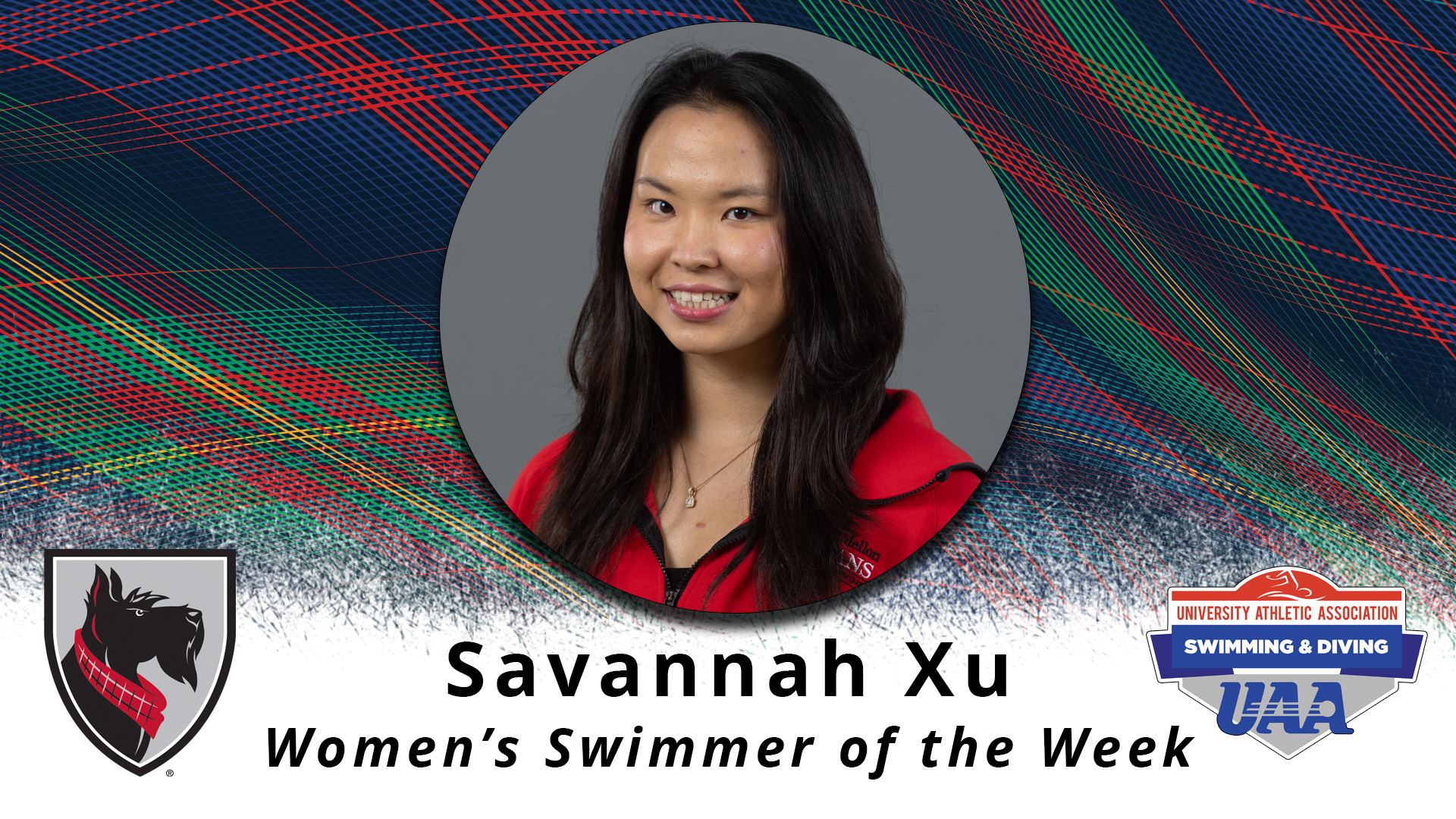 portrait of a woman in a framed circle with text reading Savannah Xu Women's Swimmer of the Week