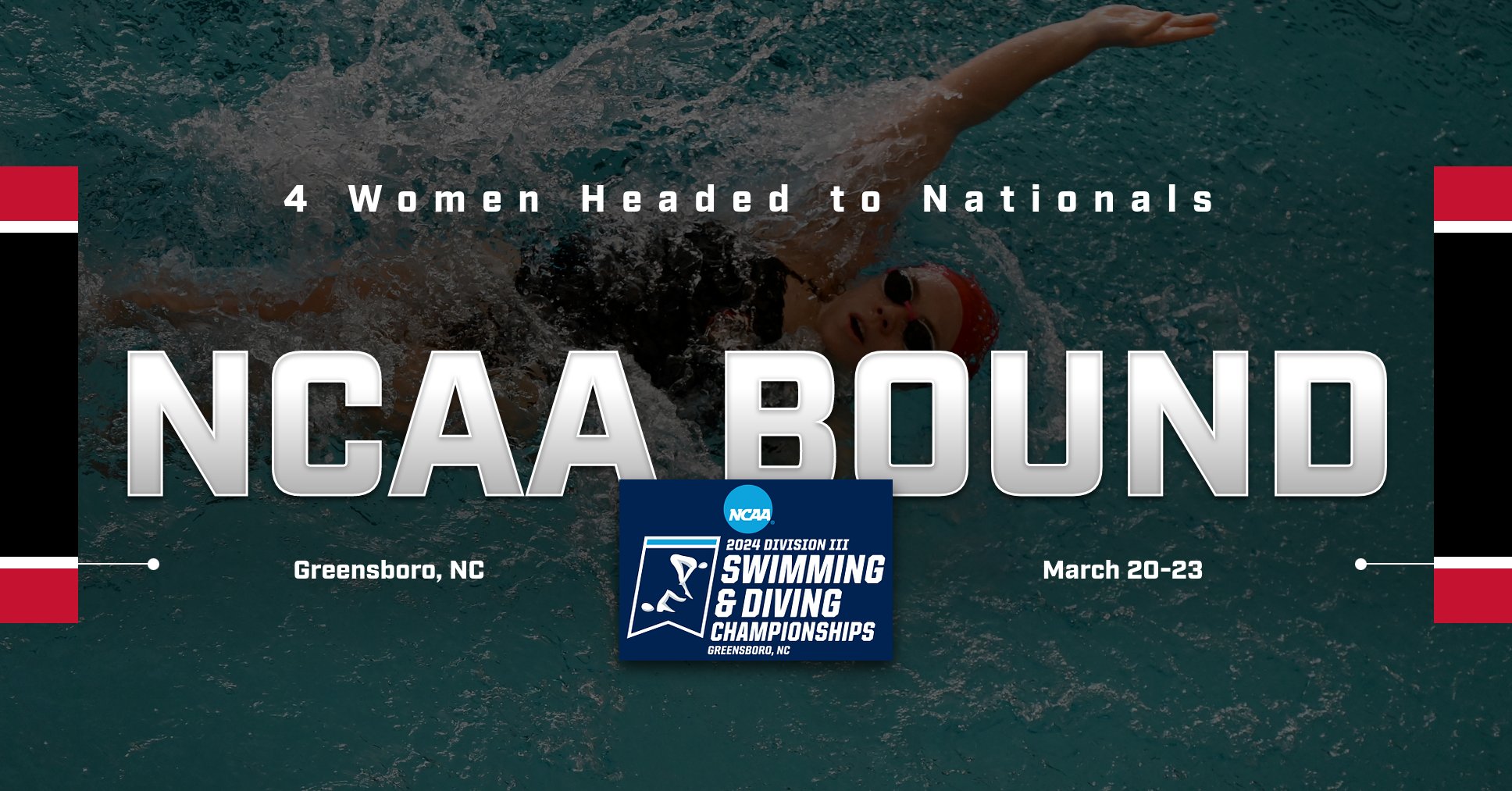 above look at a swimmer doing backstroke with text NCAA Bound 4 Women Headed to Nationals Greensboro, NC March 20-23