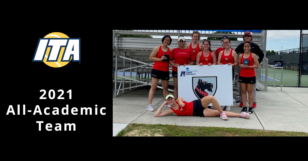 ITA logo with text reading 2021 All-Academic Team with a team photo of women's tennis players