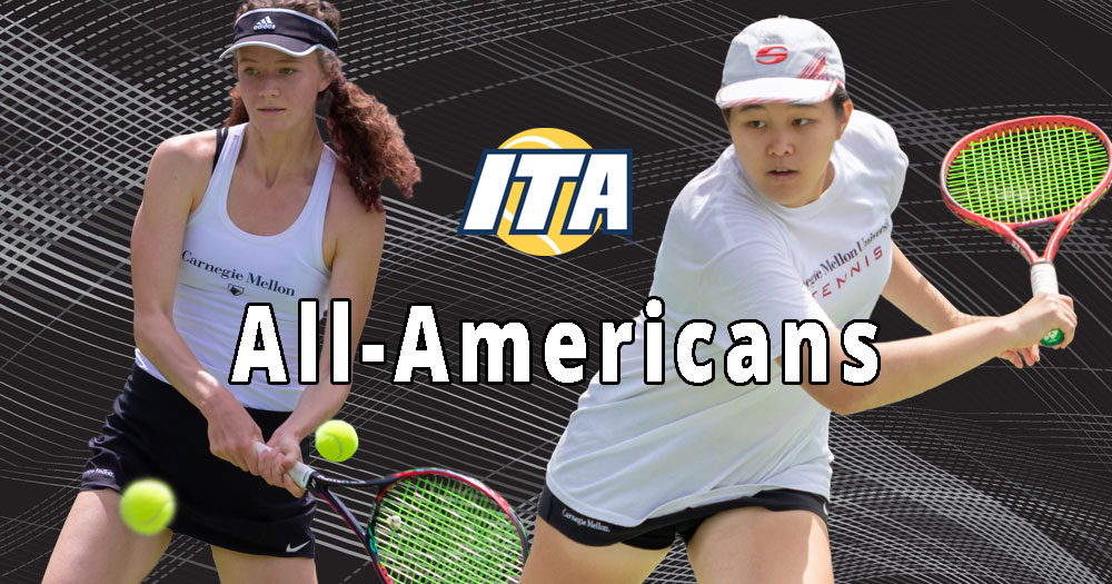 two women's tennis players in action with a black and white wavy plaid background. ITA logo and word All-Americans