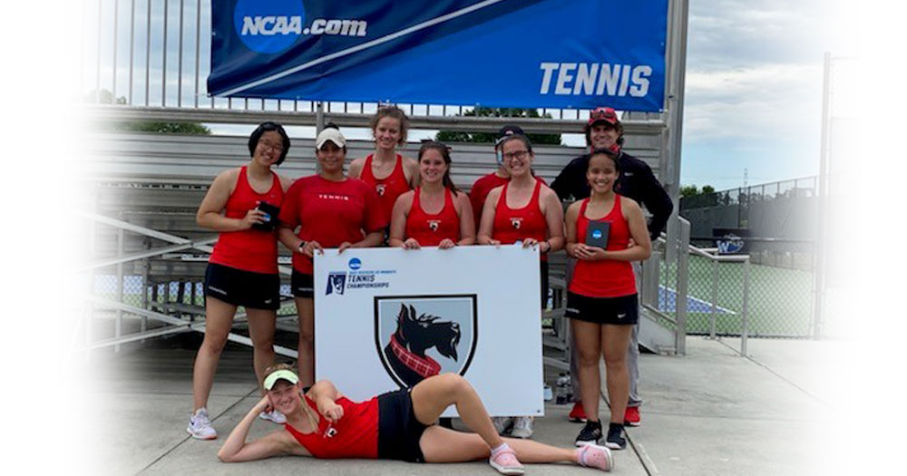 women's tennis team group photo in front of an NCAA banner