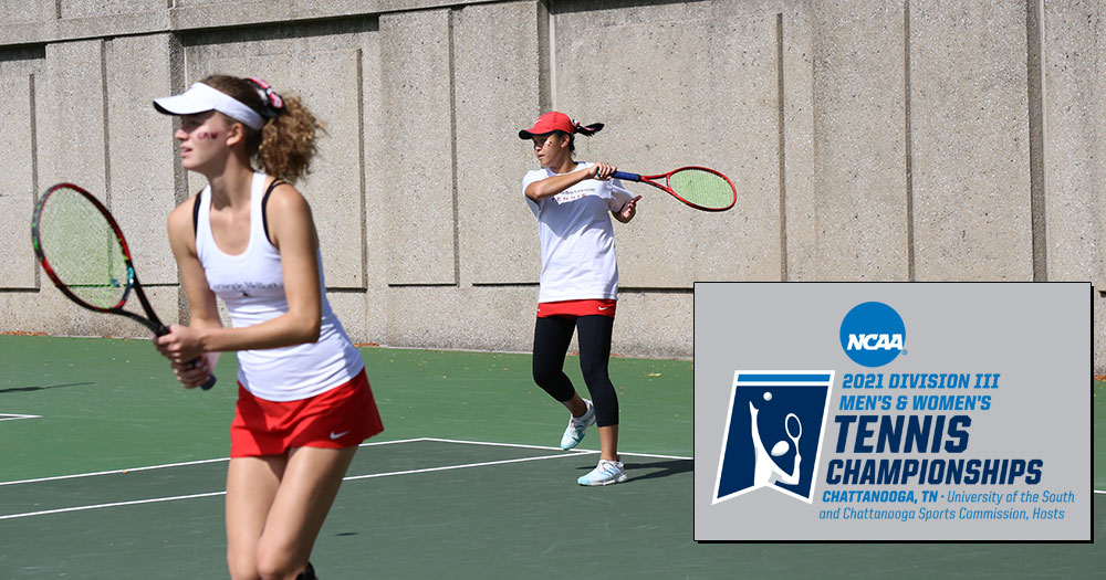 women's tennis doubles pair with NCAA logo to the side