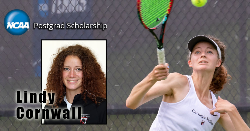action image of a women's tennis player with her portrait photo and text reading NCAA Postgrad Scholarship and Lindy Cornwall