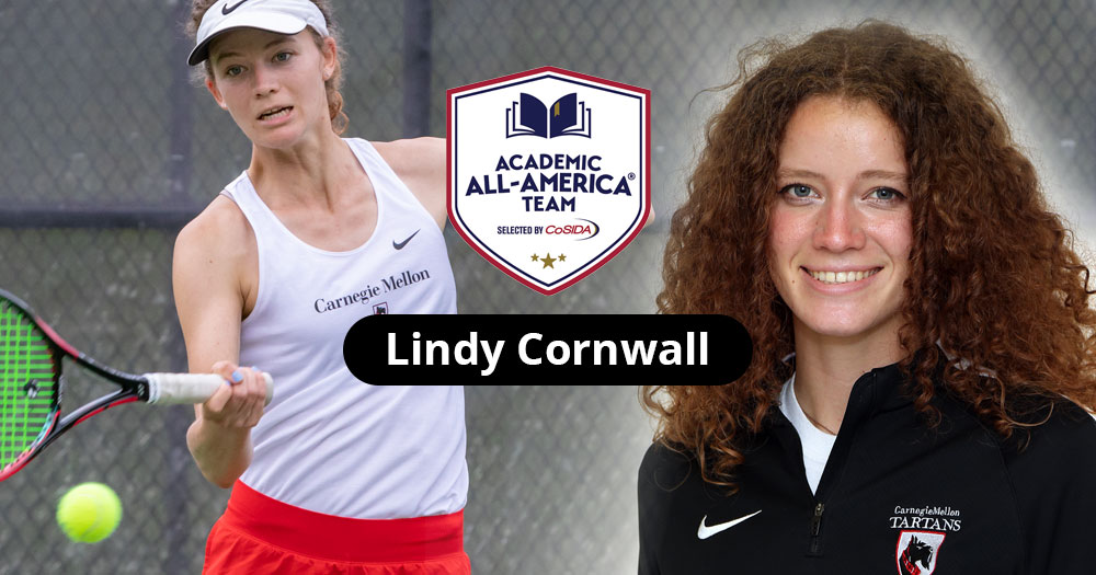 women's tennis player wearing white tank top and white visor swinging a racket on the left with portrait photo of player on the right and CoSIDA Academic All-America logo and text reading Lindy Cornwall in between