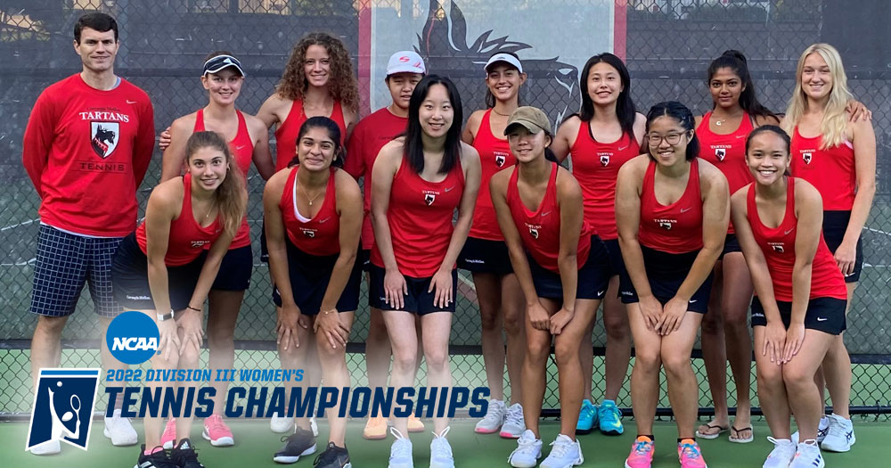 group photo of women's tennis players wearing red tops with NCAA Division III Women's Tennis Championships logo in the corner