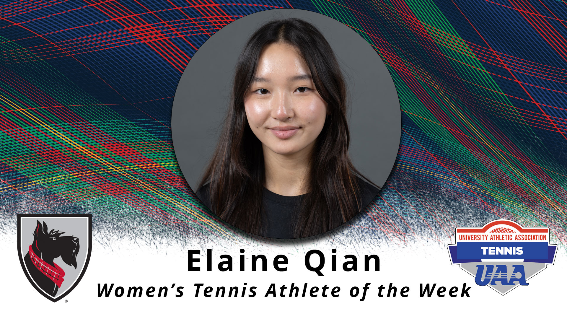 a portrait type photo of a female framed in a circle with text reading Elaine Qian Women's Tennis Athlete of the Week