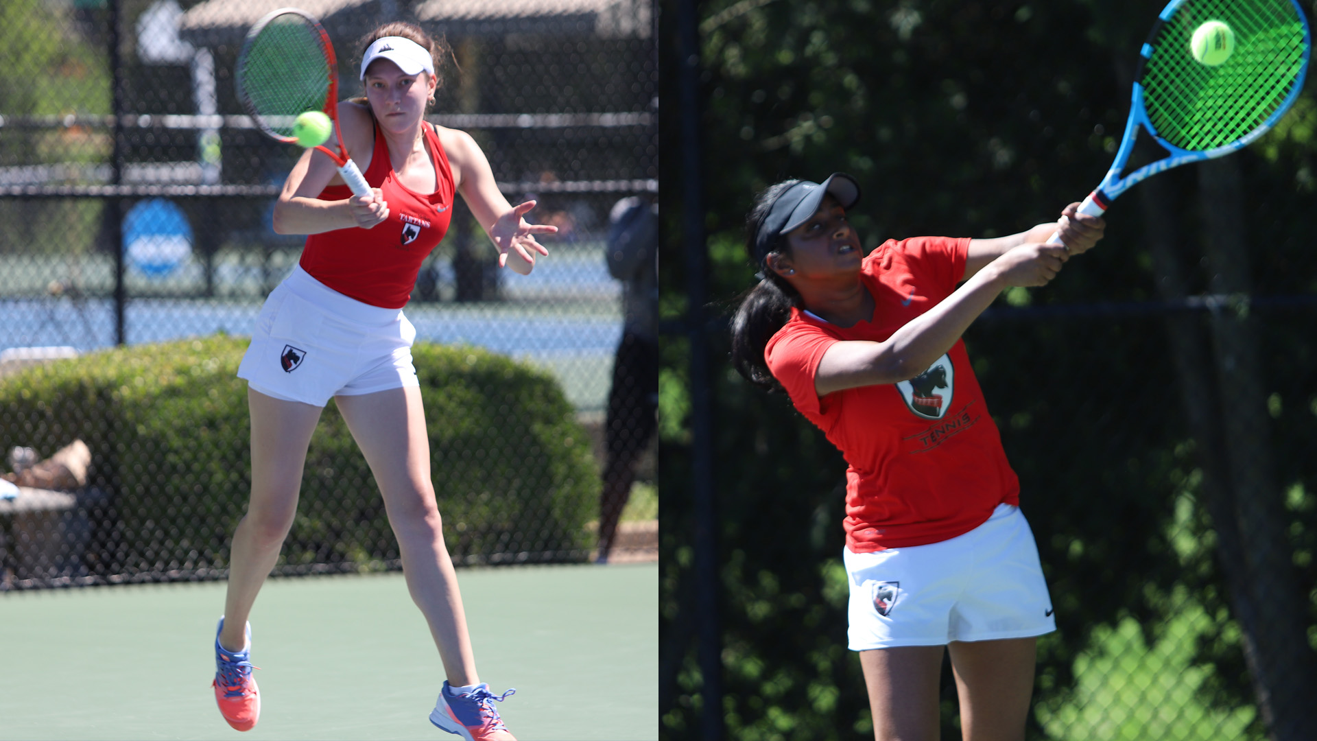 split image of two women's tennis players wearing red shirts and white shorts hitting a ball