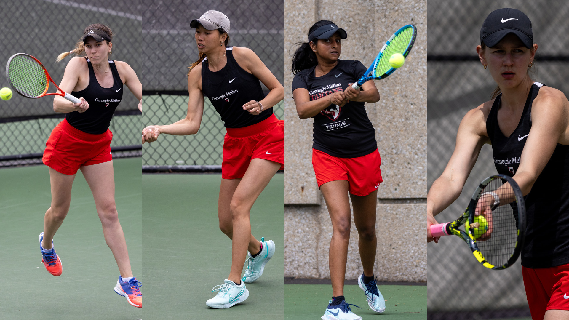 collage of four women's tennis players swinging racquets