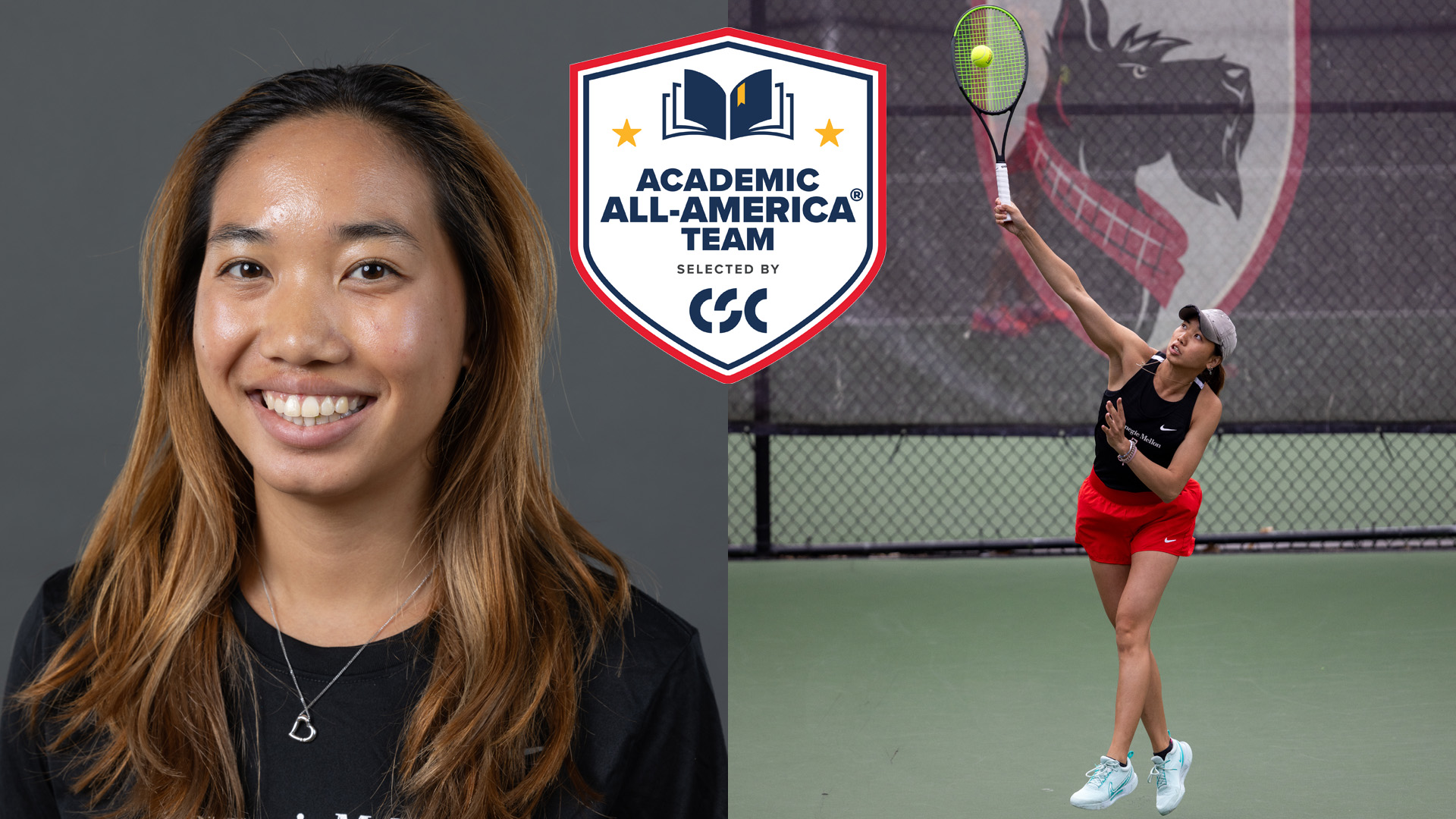 portrait image of a woman with long brown hair with a tennis action image to the side and the Academic All-America Team logo in the center