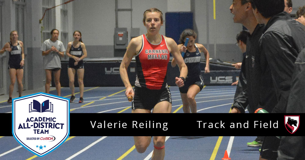 women's track runner on the track with spectators cheering her on with CoSIDA Academic All-District Team logo and text reading Valerie Reiling Track and Field