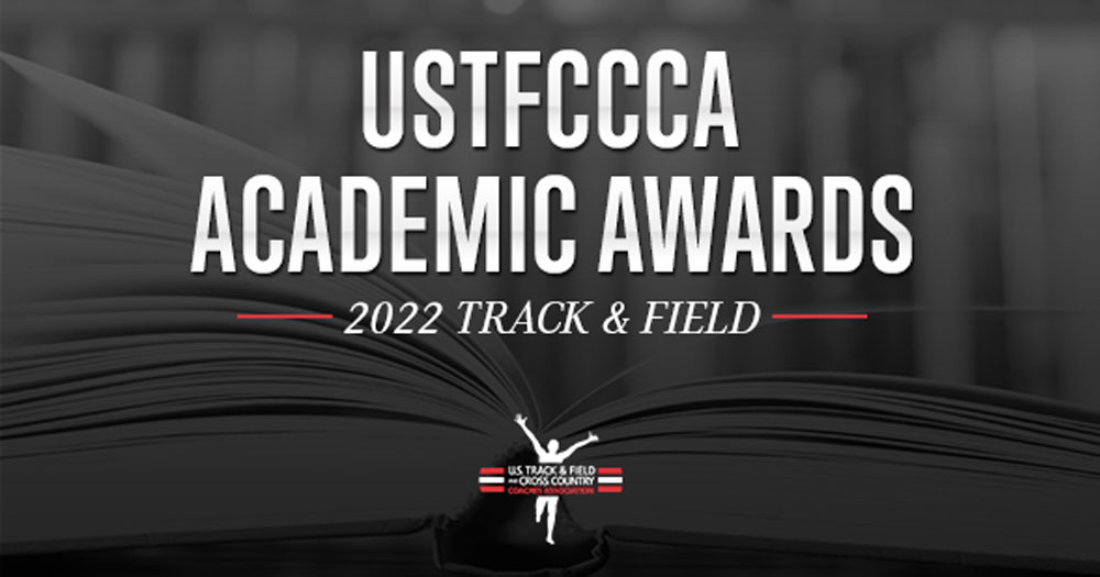 dark background with faded open book behind text of USTFCCCA Academic Awards 2022 Track and Field