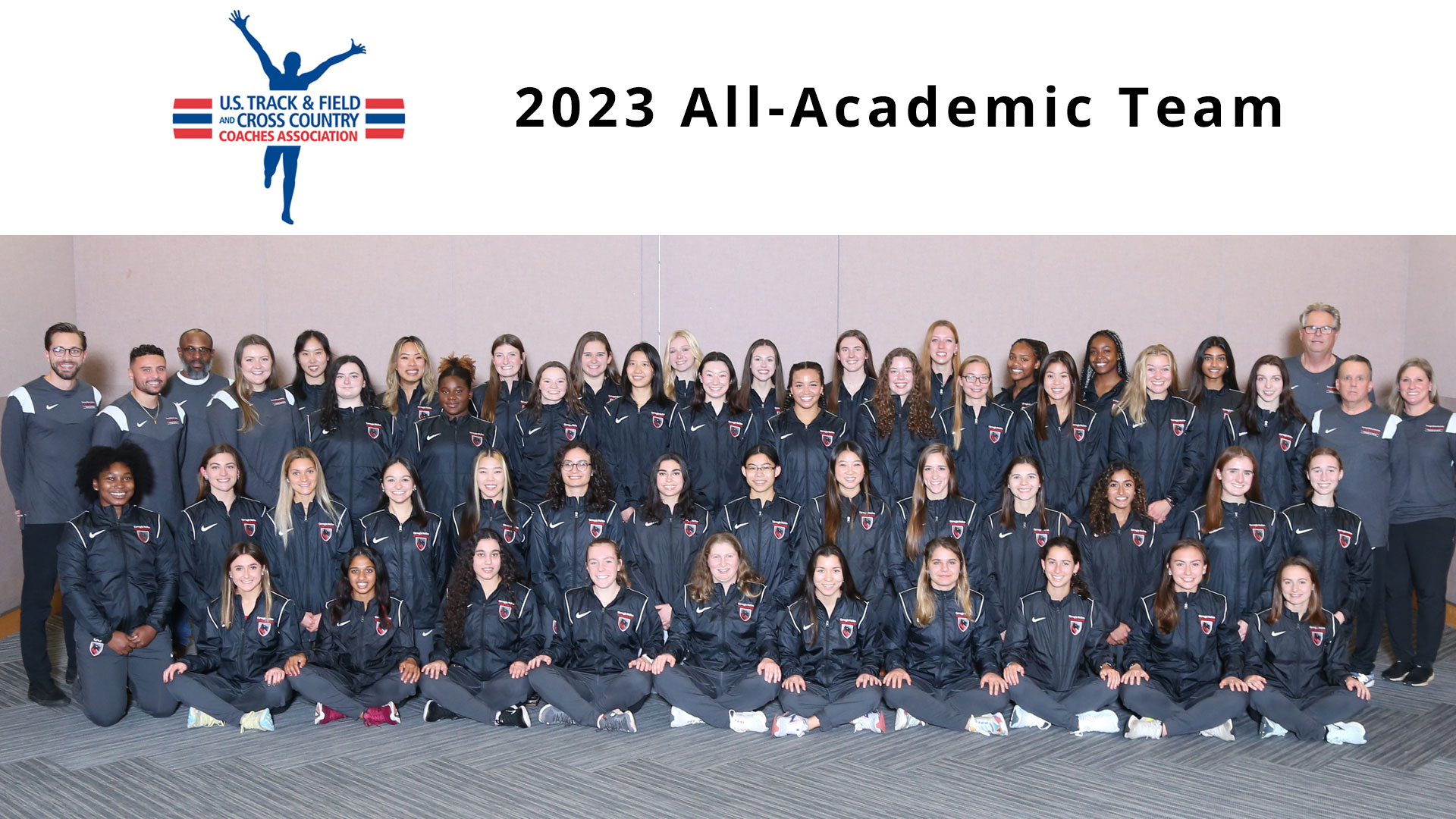 team photo of women's track and field team with USTFCCCA logo and text reading 2023 All-Academic Team