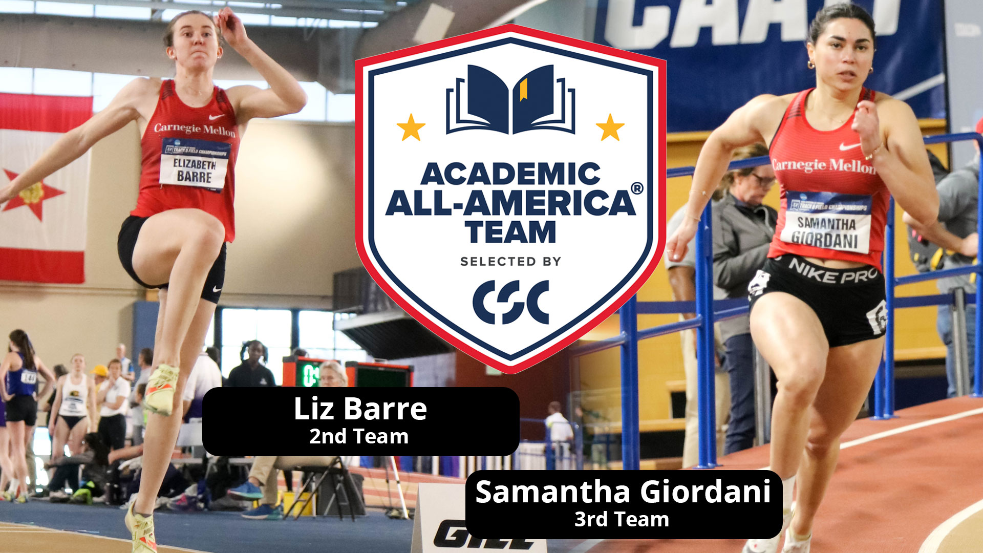 action image of a woman jumping and a woman running with Academic All-America logo in the center and text reading Liz Barre 2nd Team and Samantha Giordani 3rd Team