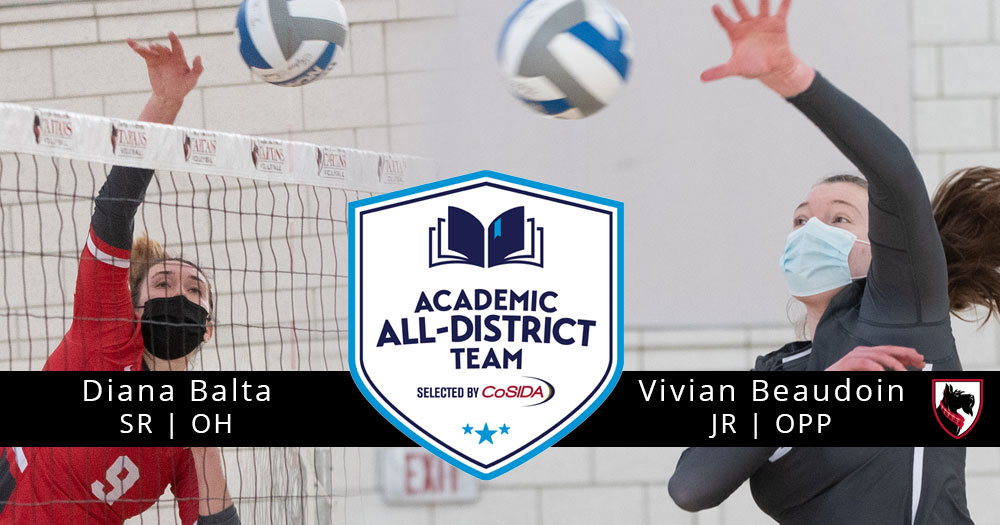 volleyball player wearing red top hitting a right-handed kill attempt with a volleyball player in a gray top hitting a left-handed kill attempt. Includes logo with words Academic All-District Team and text of Diana Balta and Vivian Beaudoin