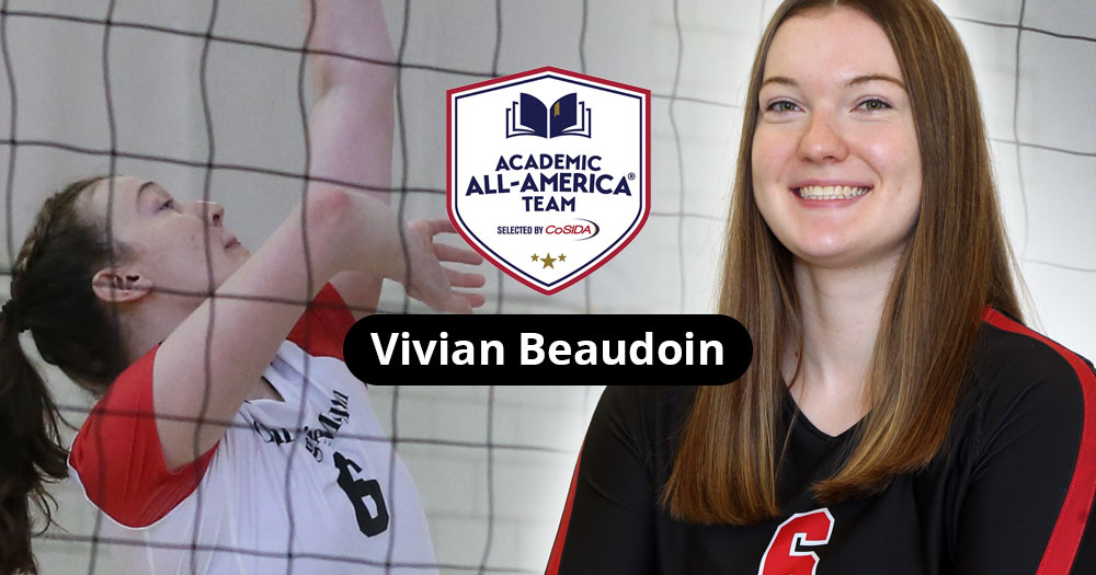 volleyball player wearing white jersey hitting a ball with the net in front and same player wearing a black jersey in a portrait pose with Academic All-America logo