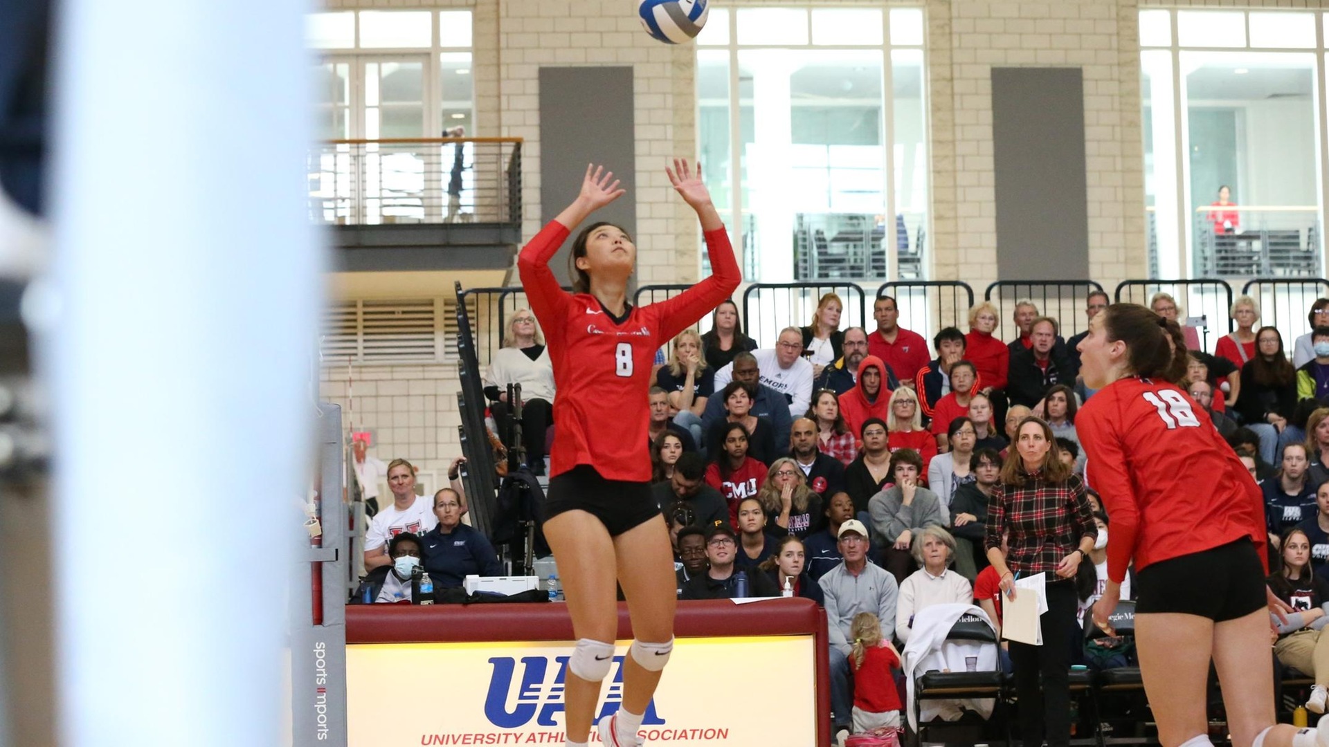 women's volleyball player jumping in the air ready to set a ball for a teammate