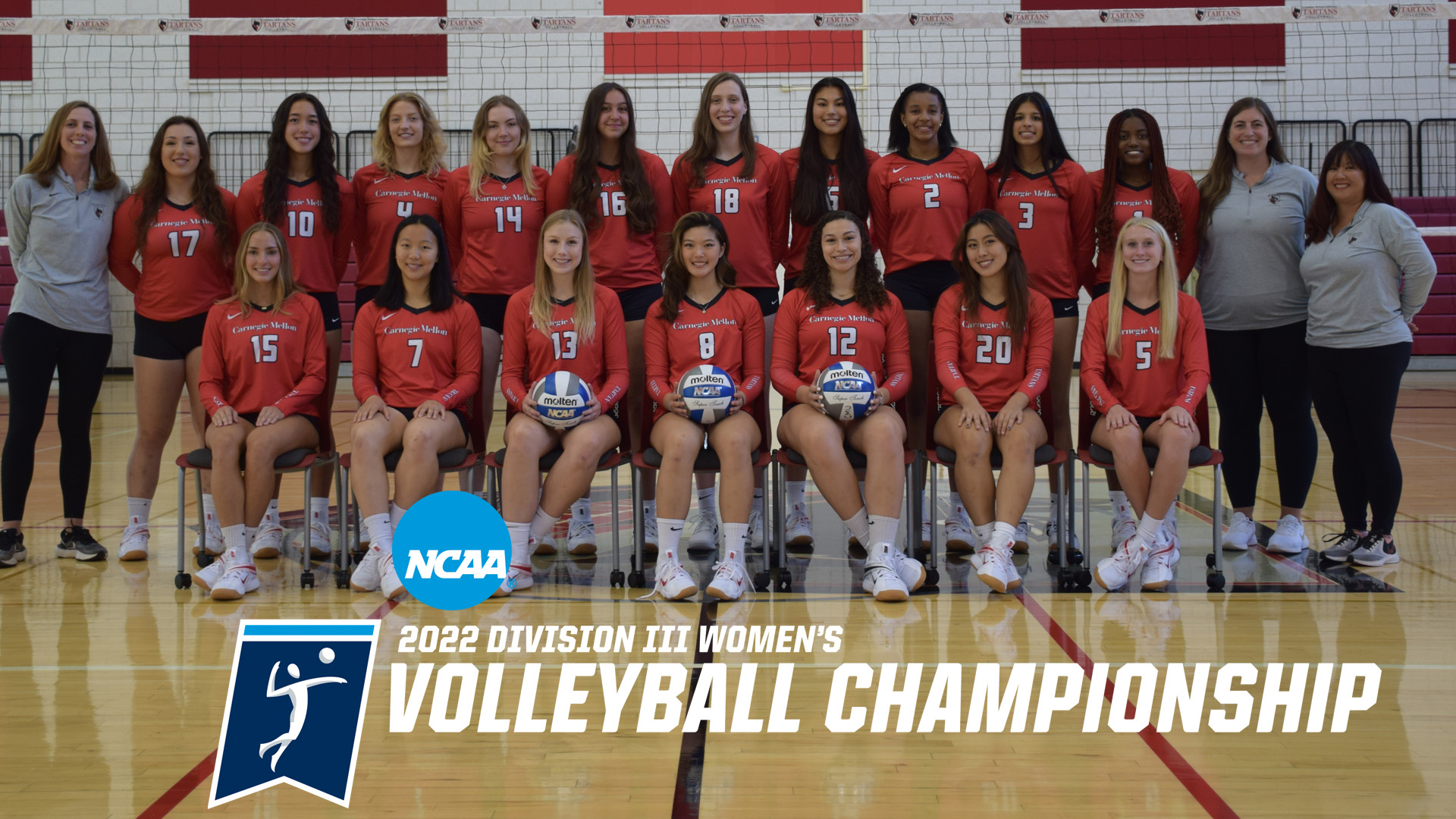 women's volleyball team photo with players wearing red uniforms and sitting in two rows, text on top reads 2022 Division III Women's Volleyball Championship