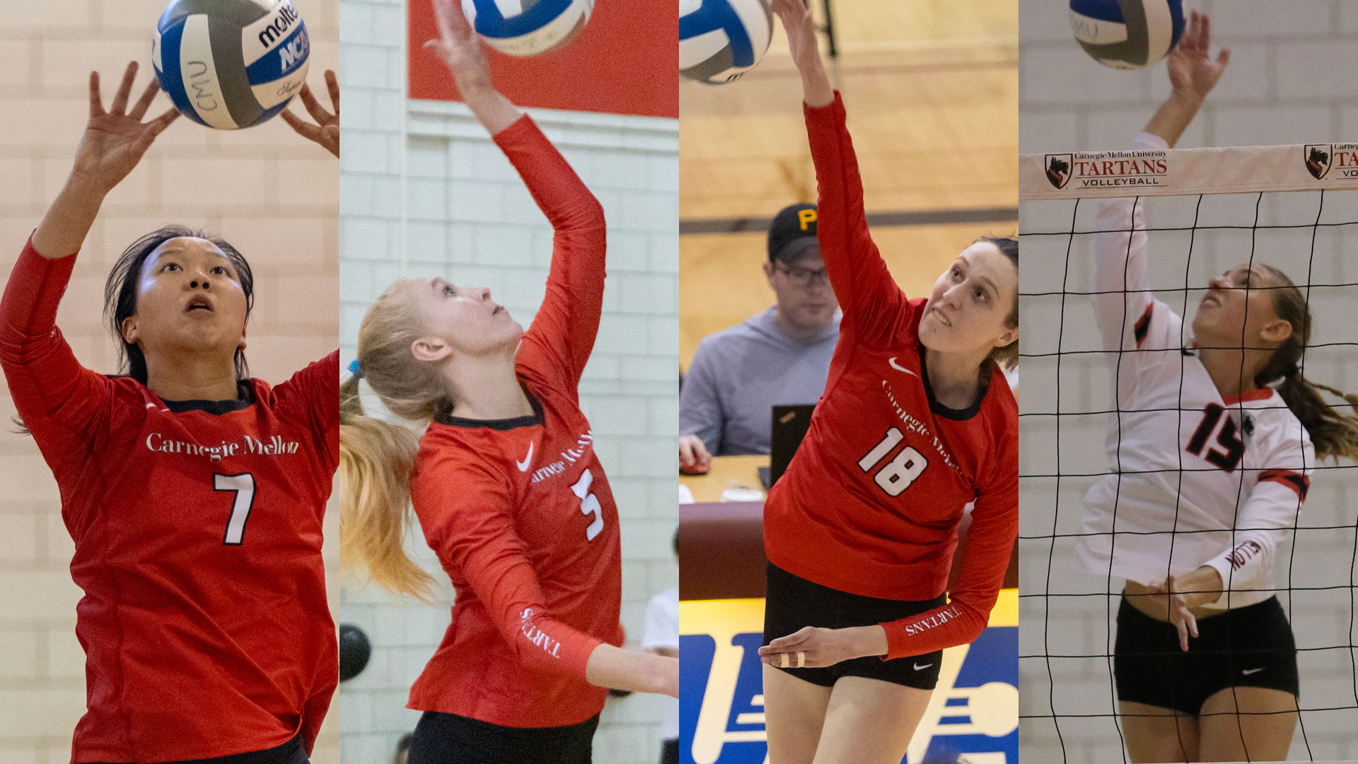 split image of four women's volleyball players setting or hitting a ball