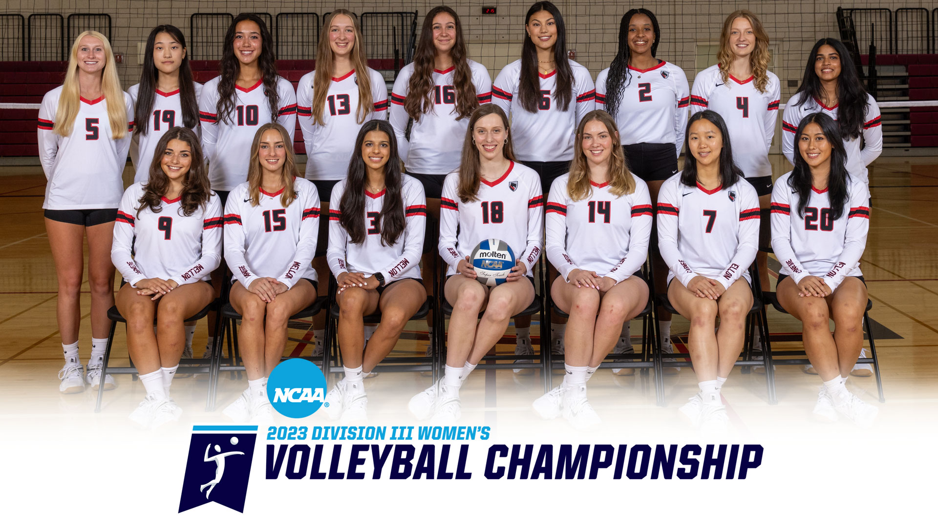 team photo of women's volleyball team wearing white uniforms and arranged in two rows with the NCAA logo reading 2023 Division III Women's Volleyball Championship